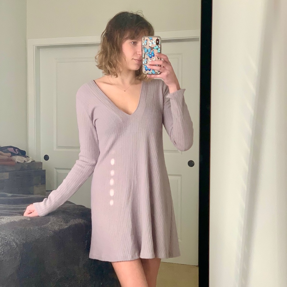 LUSH Purple Mauve V-neck Fleece Sweater Dress